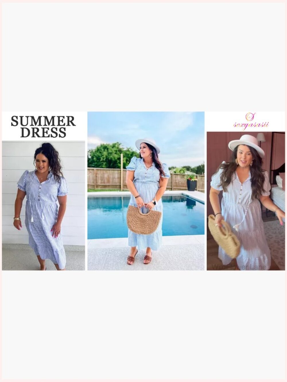 Women's Summer Ruffle Puff Sleeve V-Neck High Waist Midi Striped Dress - Picture 7 of 7
